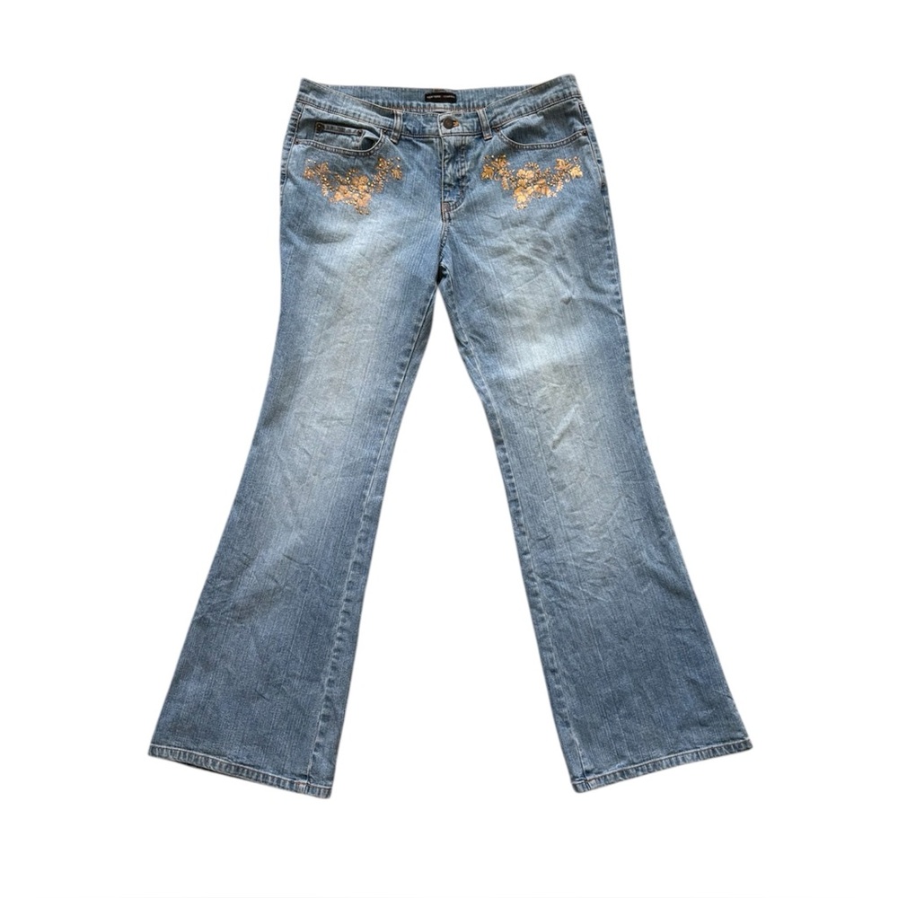 Vintage Y2K Low Rise Bootcut Flare Jeans Light Wash Floral Rhinestone Boho 10